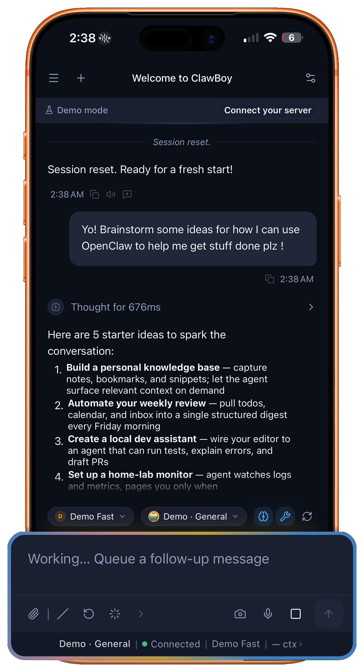 ClawBoy brainstorming a list of starter ideas in a chat thread