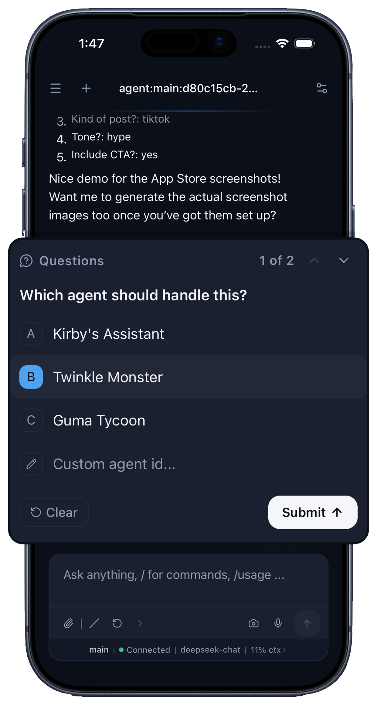 ClawBoy asking which agent should handle a task